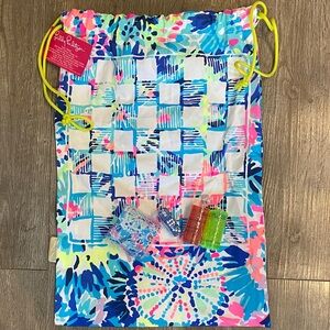 Lilly Pulitzer Drawstring Beach Bag with Checkers Board printed and Accessories